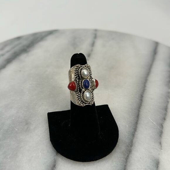Silver plated lapis coral and pearl bohemian ring size 6 - Picture 1 of 5